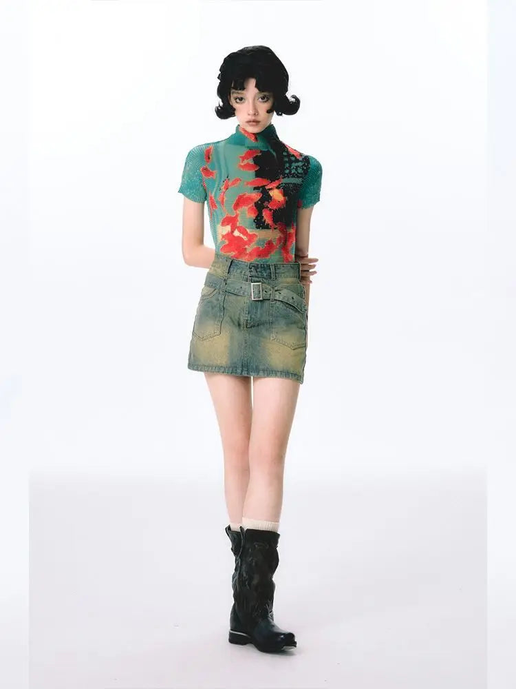 Kimotimo Harajuku Folds Goldfish Print T-shirt Women Summer Y2k Aesthetic Turtleneck Slim Crop Top Short Sleeve Ropa De Mujer