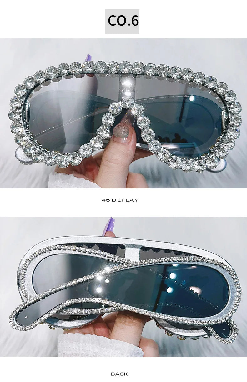 Shiny Diamonds Y2K Sunglasses Women Luxury Oversized One Piece Sun Glasses Goggle Female Trends Rhinestone Shades Eyewear UV400