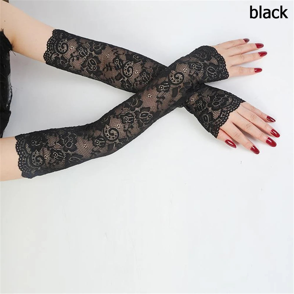 1 Pair Classic Summer Sunscreen Lace Arm Sleeve Mittens Ice Arm Cuffs Fingerless Driving Gloves Arm Cover