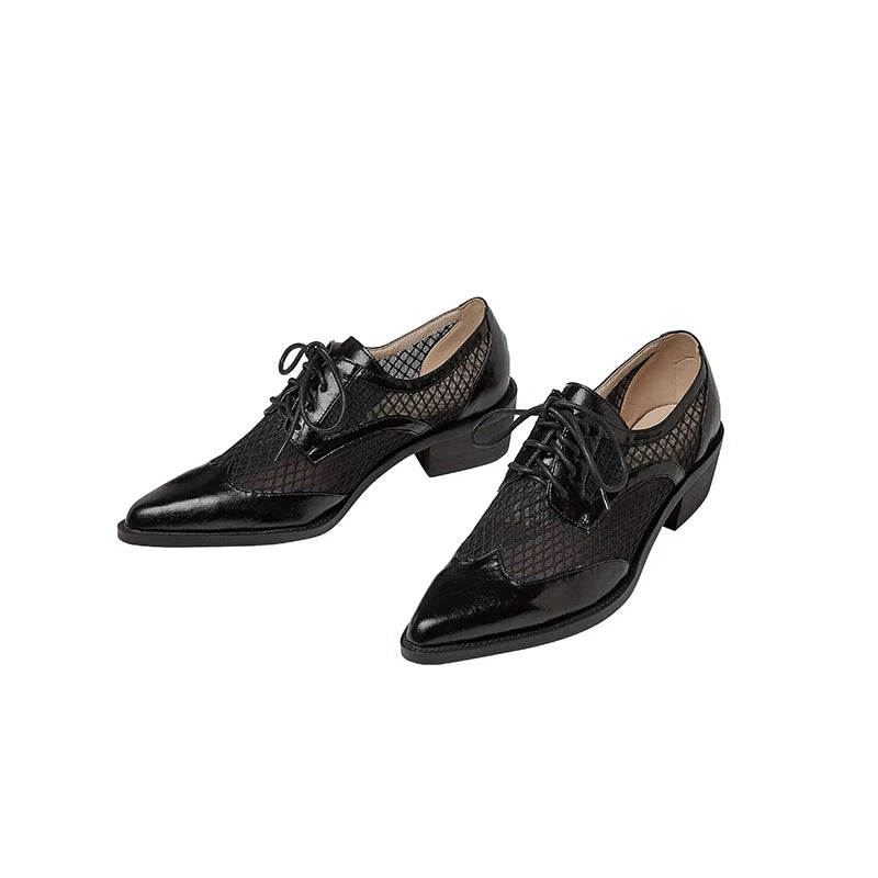 Spring Summer Genuine Leather Mesh Pumps Women Pointed Toe Lace Up Med Thick Heels Breathable Office Ladies Shoes 2025