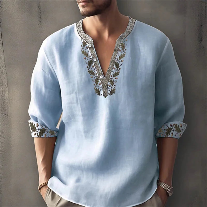 2026 Summer New Men's Fashion Printed Shirt, Henley Collar, Long Sleeve, Ethnic Style, Loose Fit, Breathable, Casual Men's Top
