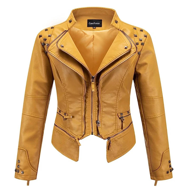 2025 2026 Winter- Spring New Style Suit Collar Rivet Waist Short Washed Pu Leather Jacket