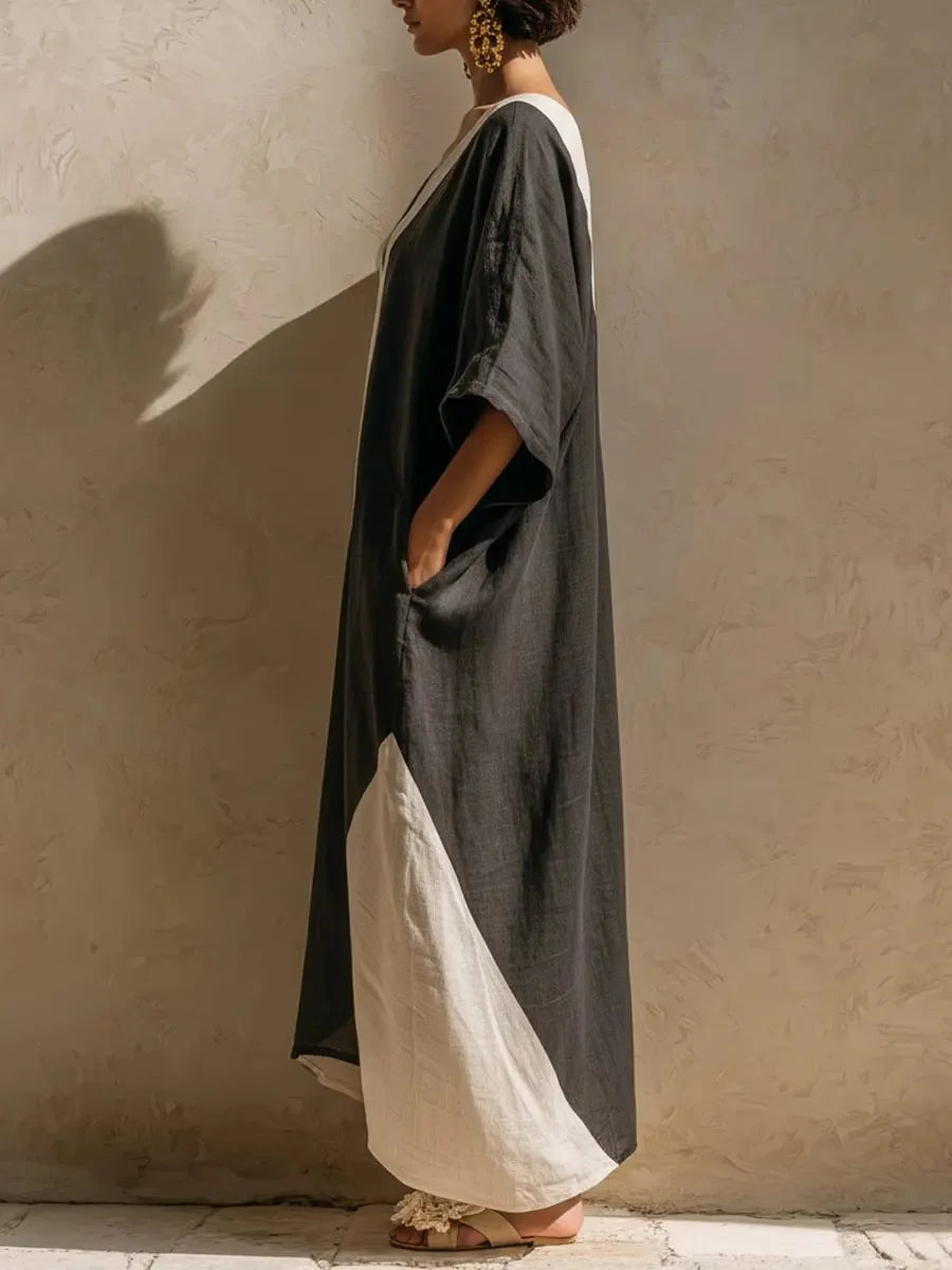 Summer Women Cotton Linen Long Dress 2026 Color Blocking Patchwork Batwing Sleeve V Neck Loose Pocket Dress Beach Sundress
