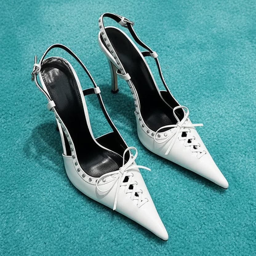 Patent Leather Rivet Women Pumps Elegant Pointed toe Lace-up Office Lady Slingbacks High heels Party Shoes 2026 Summer Fashion