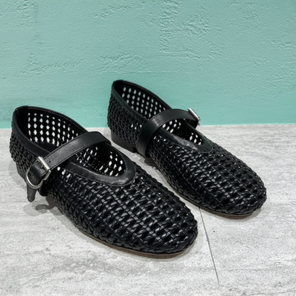 In style Fashion Summer Woven Women Ballet Flats Breathable Hollow out Mary Janes Leather Lazy Walking Loafers Girls Shoes