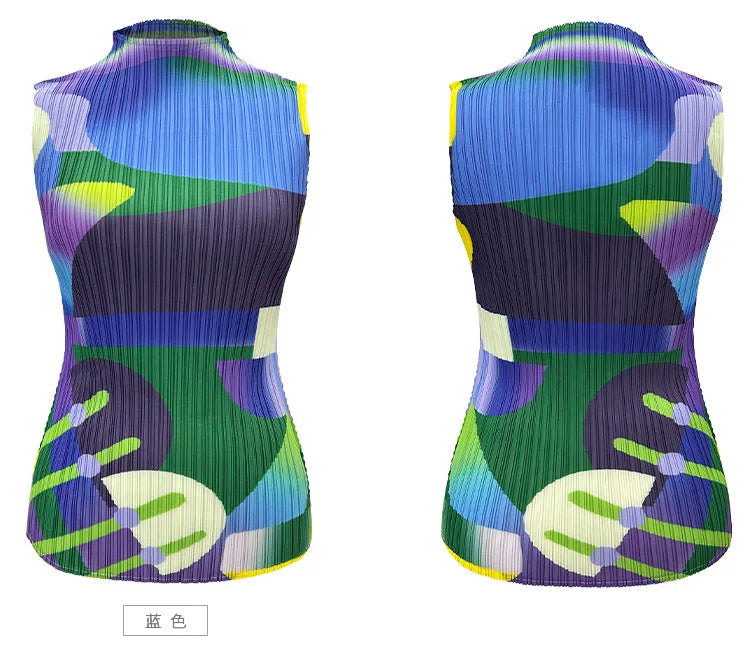 Miyake Pleated Geometric Playground Printed High-neck Sleeveless Top