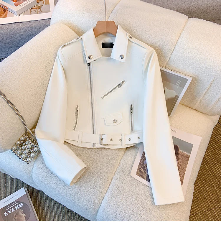 Blue PU leather jacket for women's spring autumn short Street style 2025 new retro motorcycle Leather Coat top
