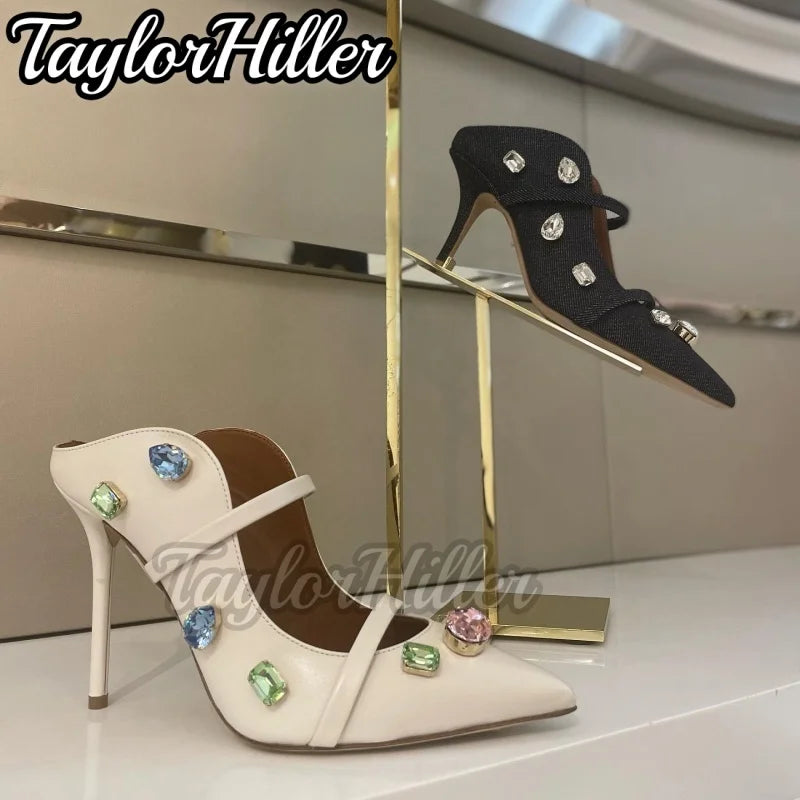 New Double Strappy Mule Sandals Gemstone Stiletto Pointy Toe High Heels Women Pull On Slip On Shoes Spring Summer Outer Slippers