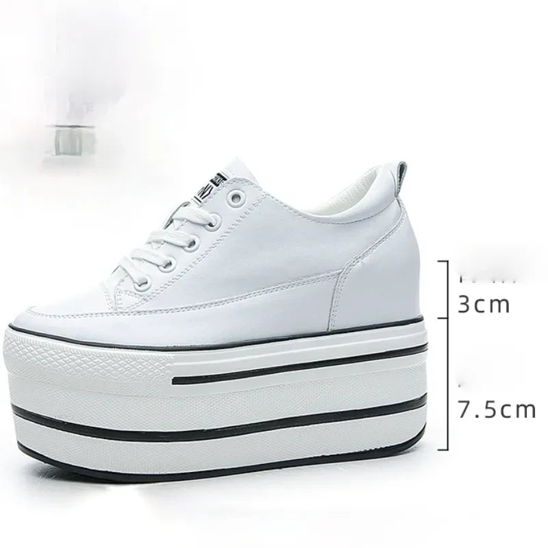 Fashion 10.5cm High Thick Heel Platform Flats Women Casual Shoes Genuine Leather Soft Quality Casual Shoe Sneakers White Black
