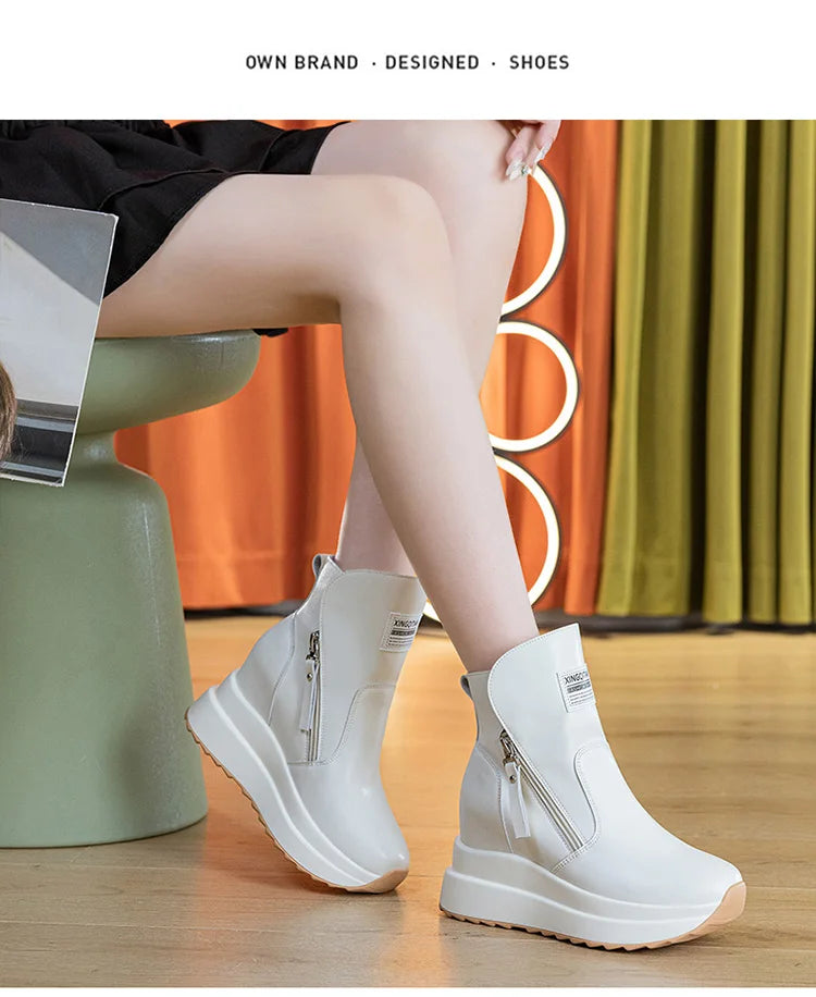 9cm White Black Women Ankle Boots Platform Wedge Heel Booties Shoes Microfiber Leather Spring Winter Fashion Sneakers High Top