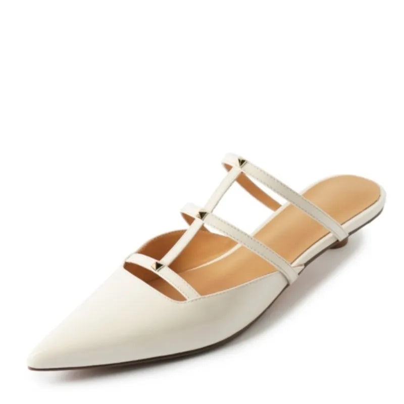 Genuine Leather Rivet Slippers Spring Summer 2026 Women Covered Toe Low Kitten Heels Mules Ladies Narrow Band Casual Slippers
