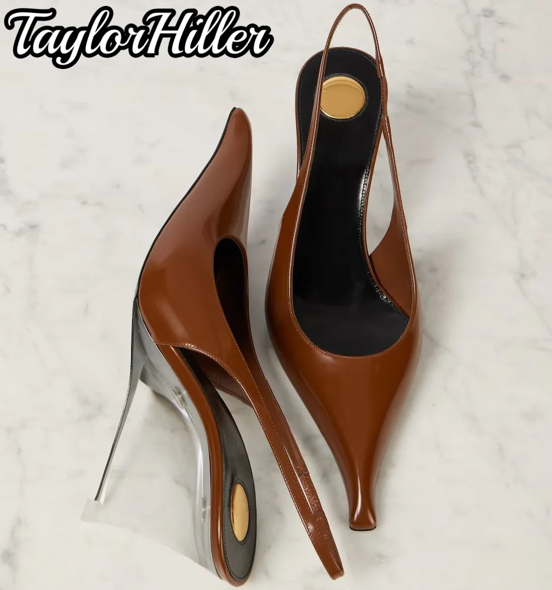 Slingbacks Brown Patent Leather Wedges Sandals Luxury Pull On Transparent High Heels Summer Sexy New Solid Black Shallow Shoes