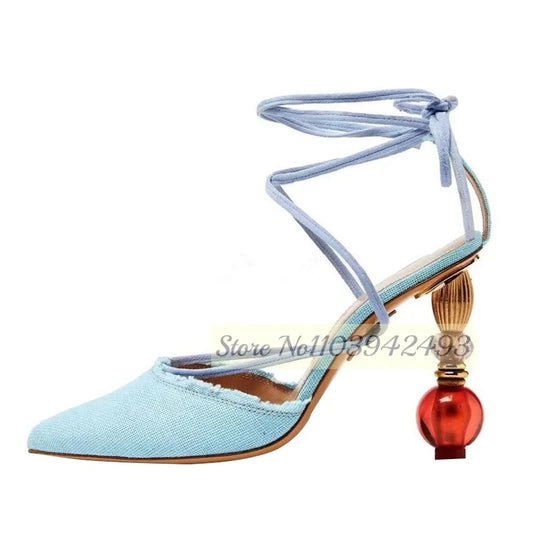 Light Blue Heels Lantern Heeled Sandals Women Strappy Pointed Toe Luxury Desigher Shoes Lace Up Solid White Blue Shoe Sandalias