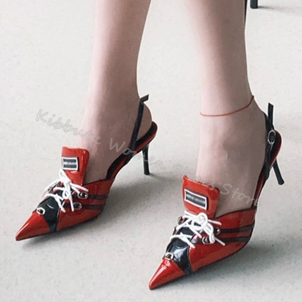 Mixed Color Pumps Lace-Up Pointed Toe Thin Heels Genuine Leather Slip-On Novelty Fashion Concise Sexy Party Women Shoes Newest