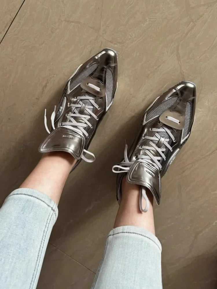 Trendy Pointed Toe Sport Shoes Heightening Gold And Silver Thread New Small Audience Design for Adult Women Summer Casual Shoes