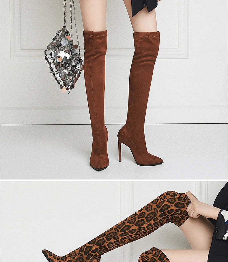 Sexy Glamourous Women Thigh High Boots Thin High Heeled Long Boots Leopard Print Snake Pointed Toe Over The Knee High Winter Bootie