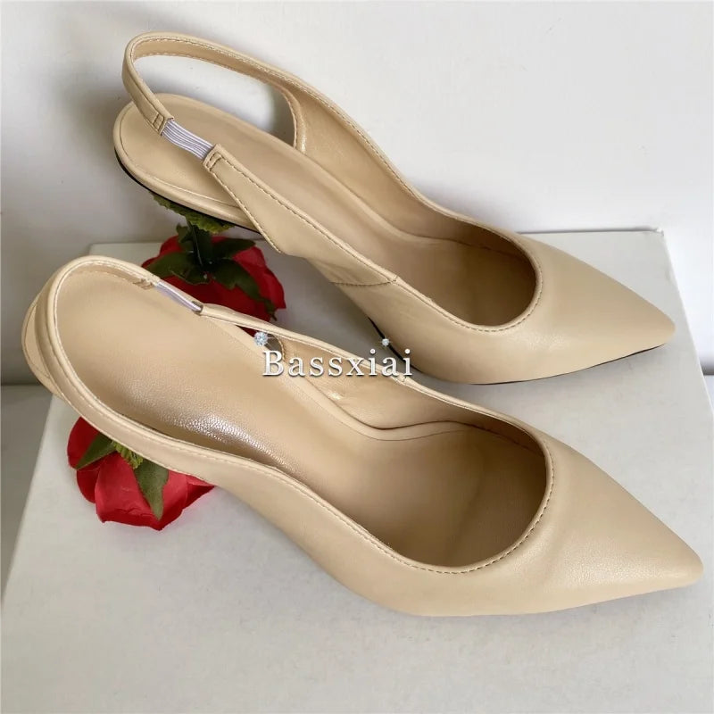 Unique Rose Flower Heel Women Pumps Genuine Leather Slingbacks Sexy Pointed Toe Dress Shoes For Girls