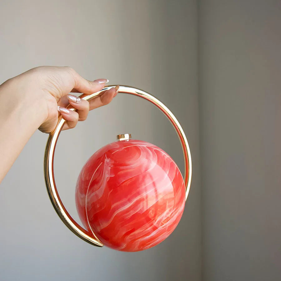 Fashion Marble Pattern Acrylic Round Evening Bag for Women Luxury Designer Metal Handle Lady Handbags Elegant Party Purses 2025