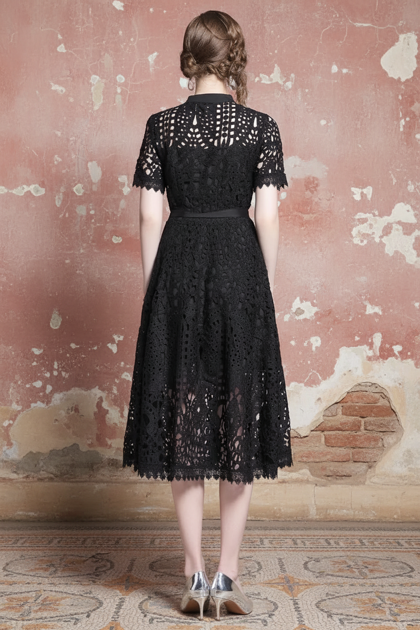 Summer Women Lace Sweet Sexy Dress Hollow Out Half High Collar Short Sleeve Single-breasted High Waist Slim Vintage Midi Dresses