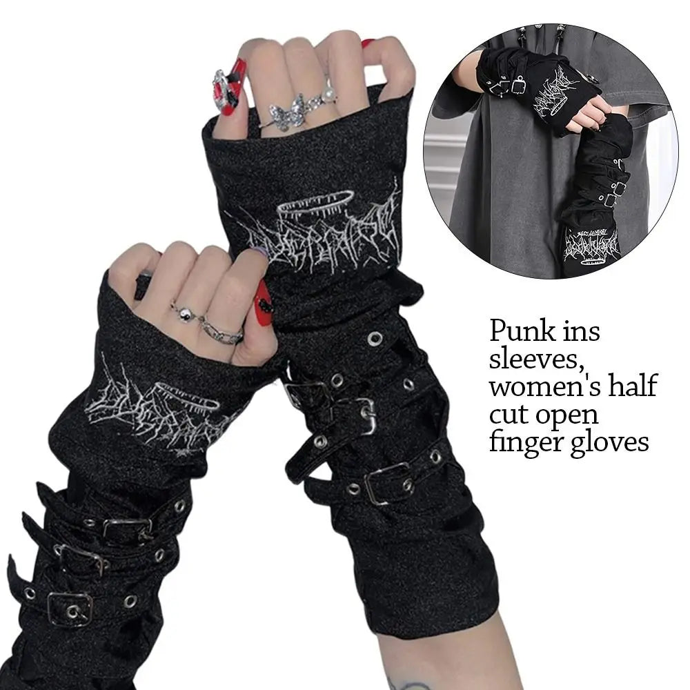 Fashion Metal Buckle Arm Sleeves Y2K Japanese Sunscreen Gloves Embroidery Harajuku Cosplay Gloves Women