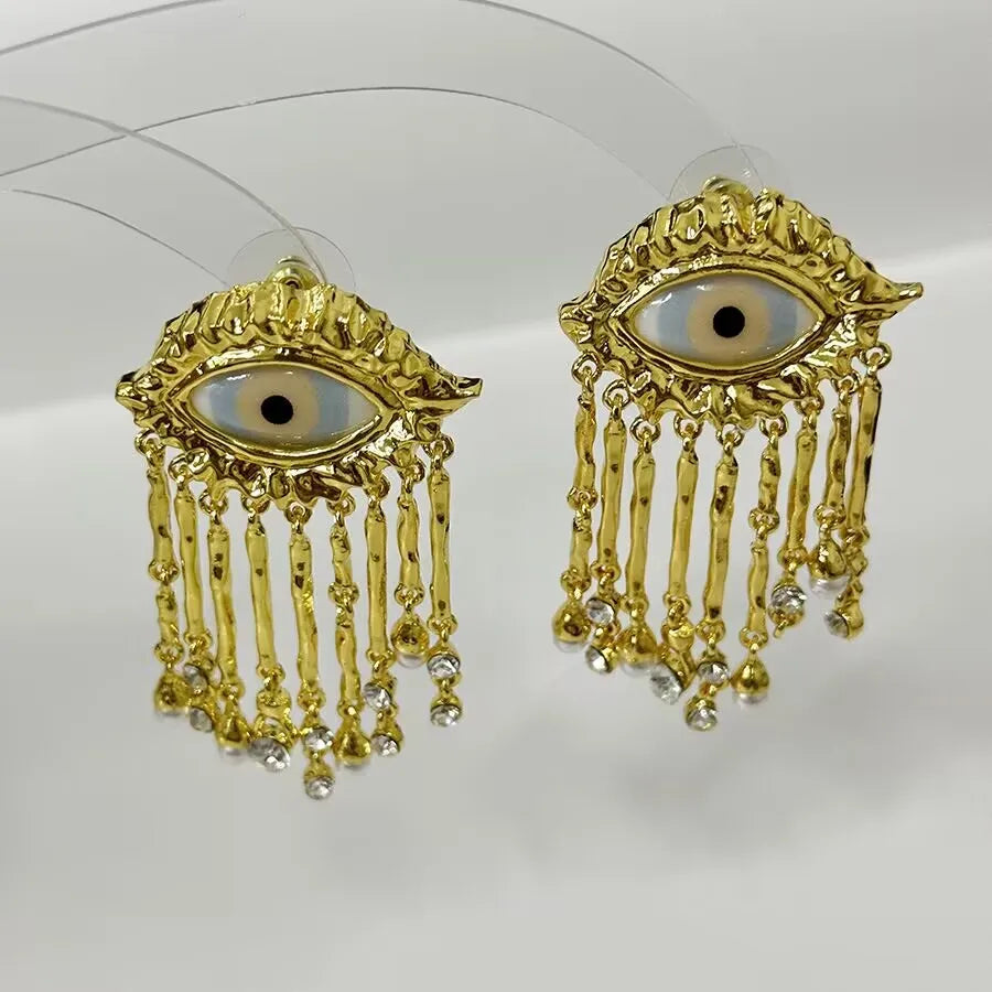 Medieval Personality Devil's Eye Pearl Tassel Earrings for Women Girl Light Luxury High-end Ring Necklace  Jewellery Accessories