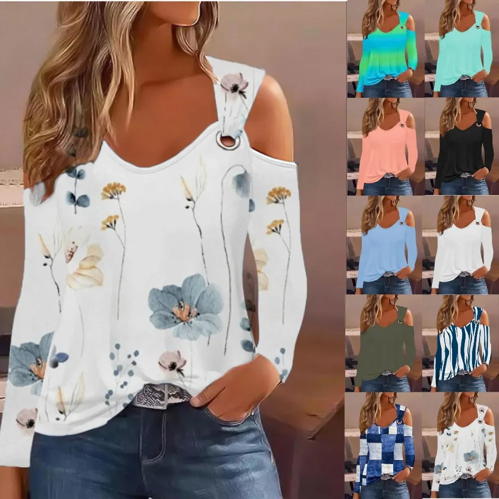 Womens Floral Print Cold Shoulder Long Sleeve Top Ring Strap V Neck Loose Casual Daily Commute Fashion Blouse