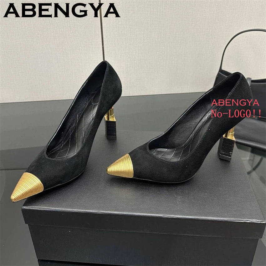 Fashion Strange High Heels Sandals Women Metal Pointy Toe Suede Slingbacks Pumps Summer Sexy Party Wedding Brides Shoes Female