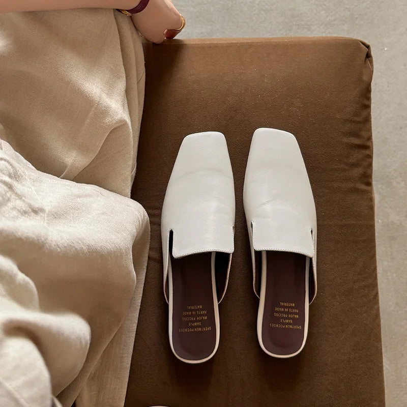 New Genuine Leather Kid Suede Flat Shoes Slippers Women Covered Toe Natural Leather Casual Slippers Female Daily Walk Slippers