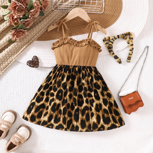 Toddler Girls' Khaki & Leopard Print Paneled Camisole Dress - Ribbed Fabric with Ruffled Trim, Sweet Edgy Retro Spring & Summer