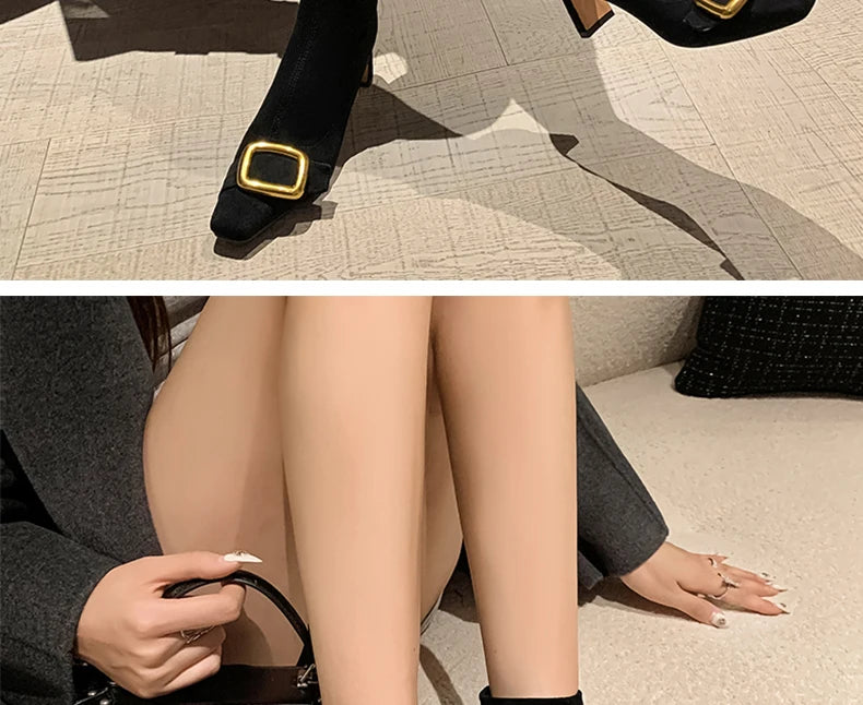 Ods Personalized Low-heeled Fashion Boots for Fall/winter New Pointed Metal Square Buckle Back Zipper Stretch Thin Ankle Boots42
