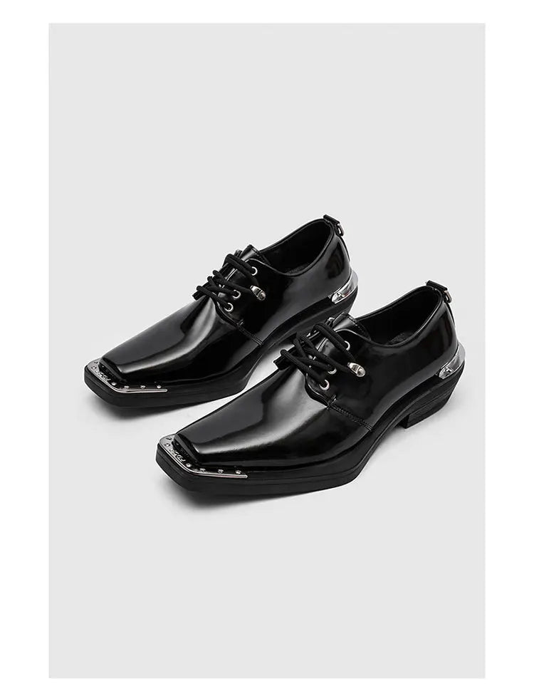 Metal Square Toe Derby Shoes Fashionable Thick Soled Lace Up Design Upturned Toe Thick Heel Trendy Men's Casual Leather Shoes