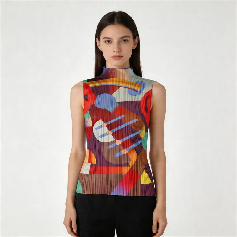 Miyake Pleated Geometric Playground Printed High-neck Sleeveless Top