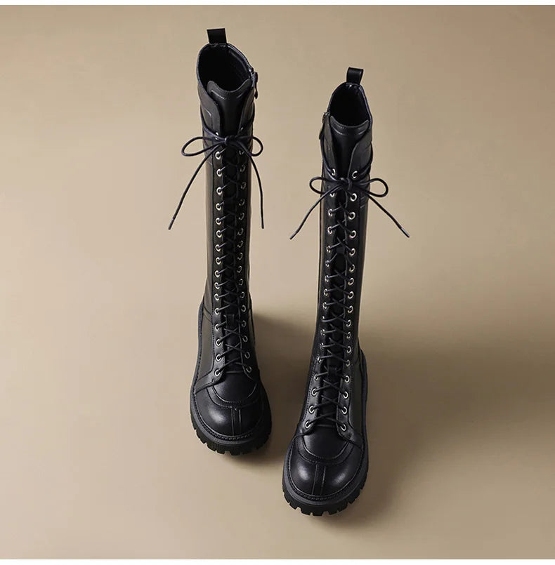 Ods Genuine Leather Women's High Knee Boots Winter Shoes Sexy Lace Up Black White Low Heels Party Shoes Girls Large Size 414243