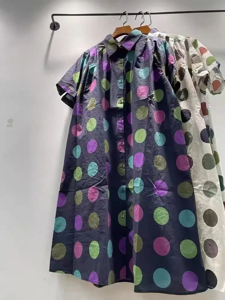 Fall clothes 2025 women Japan style pure cotton short sleeve polka dot print dress for women summer Hawaii long shirt dress