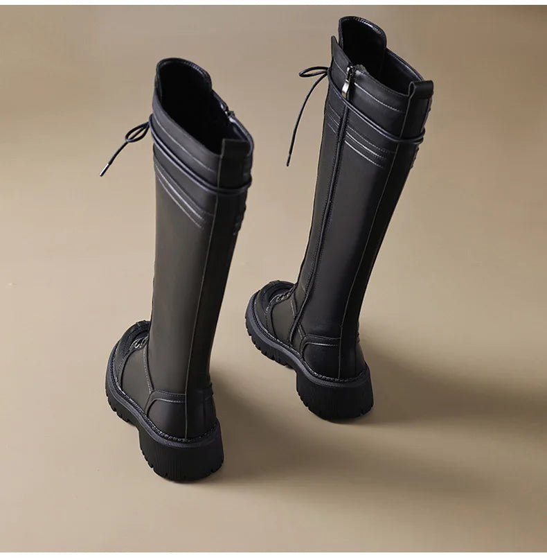 Ods Genuine Leather Women's High Knee Boots Winter Shoes Sexy Lace Up Black White Low Heels Party Shoes Girls Large Size 414243