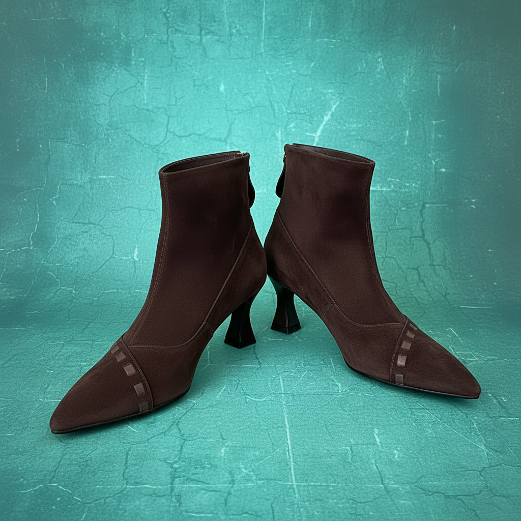 Elegant  Short Boots Pointy Toe Thin High Heels Office Lady Shoes Dress Autumn Real leather Suede women's Retro Boots