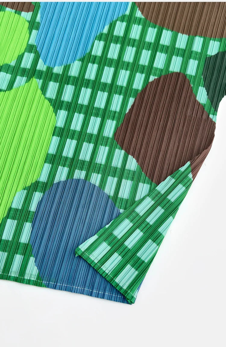 Miyake Elegant Green Plaid Color Block Print Pleated Top Mock Neck Half Sleeve Elastic Tee Daily Commute Office