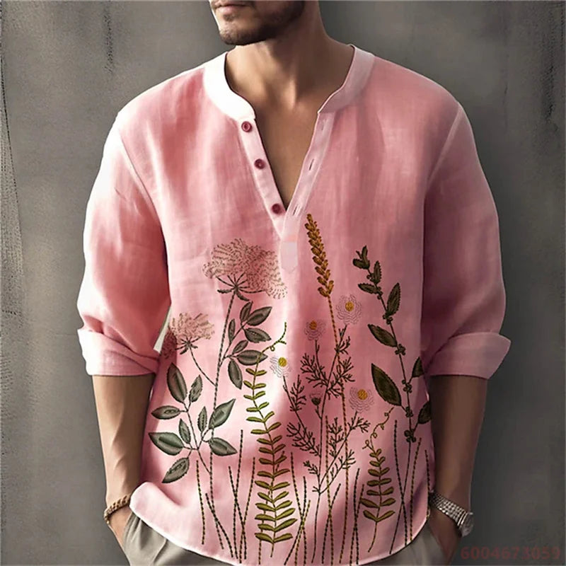 2026 Summer New Men's Fashion Printed Shirt, Henley Collar, Long Sleeve, Ethnic Style, Loose Fit, Breathable, Casual Men's Top