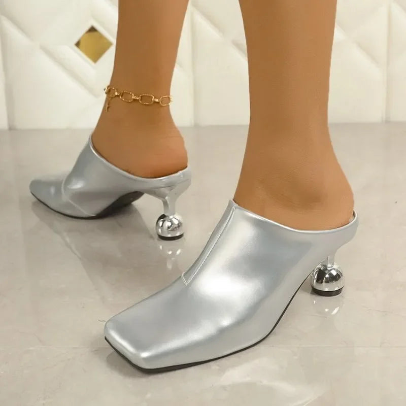 New High Heels Slipppers Elegant Women Slides Square Toe Shallow Summer Dress Mules Sexy Metal Strange Style Heels Shoes Size 42