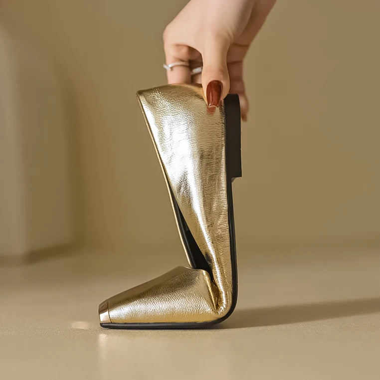 Fashion Genuine Leathe Pumps Women Metal Head Shallow Slip On Flats Office Ladies Low Heel Sheepskin Leather
