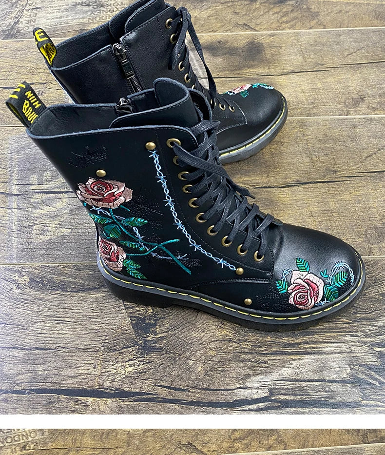 Ods Handmade Embroidery Rose Flower Retro Lace-up Mt Woman Genuine Leather Round Toe British Style Ankle Boots Big Size 40414243