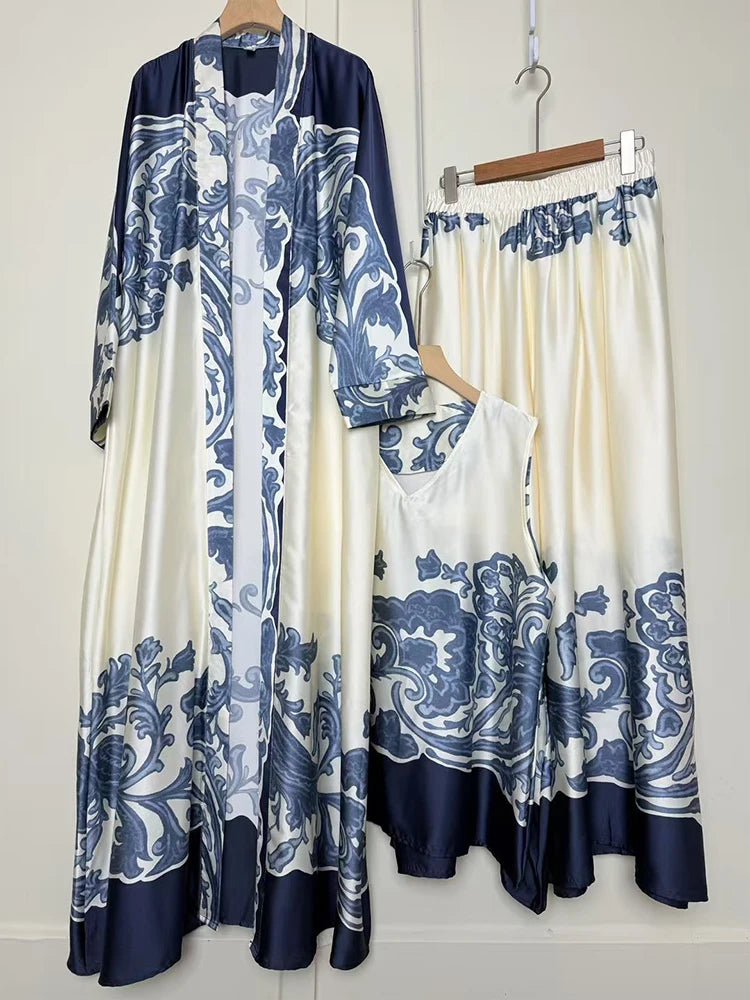 Retro positioning printed long cardigan+vest three piece set 2026 spring women's clothing+loose pants skirt fashion set