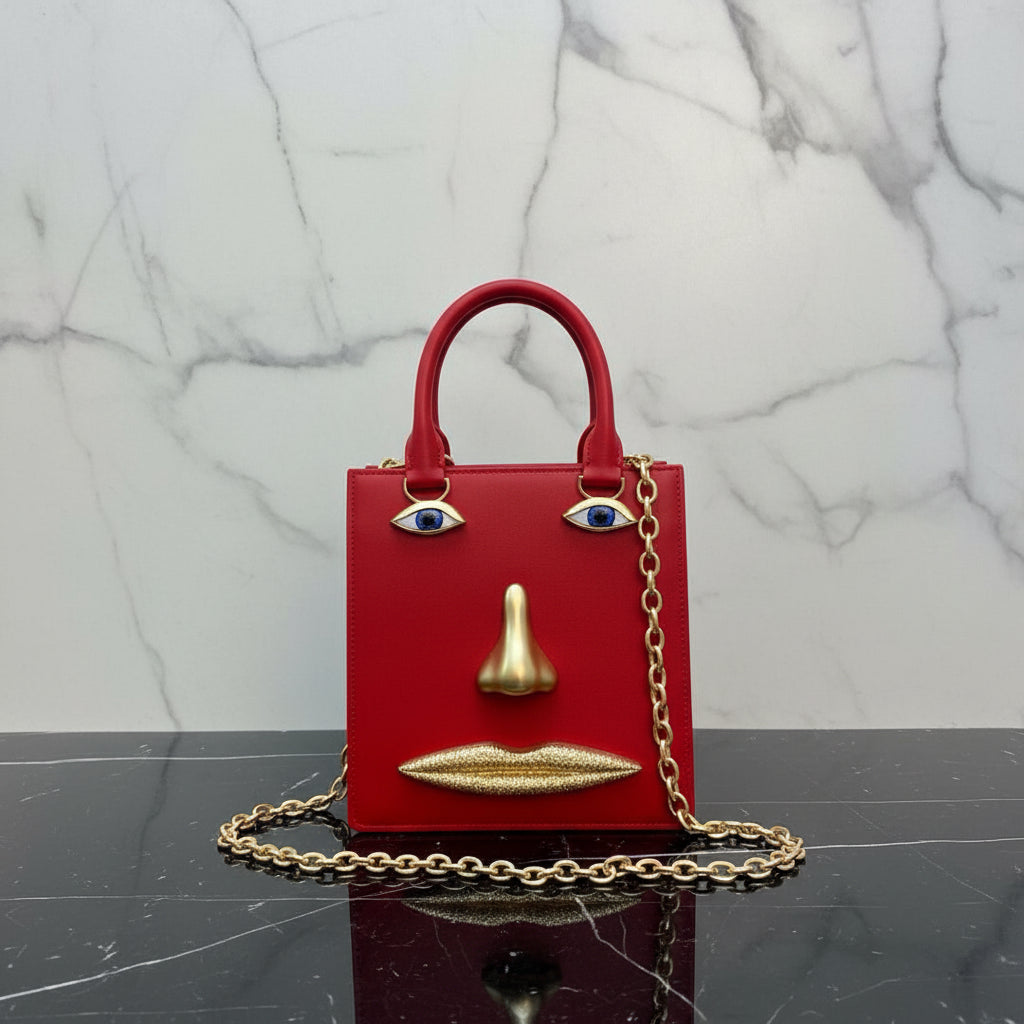 2026 Summer New Women's Surreal  Leather Handbag 3D Face Hand Grip Pattern Tote Bag Silver Patent Leather Square Versatile Shoulder Bag