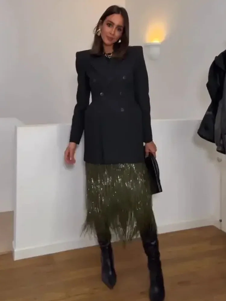Elegant Green High Waist Women's Skirt With Sequins Female Casual Bodycon Long Shiny Sequined Bottom Lady Evening Party Skirts
