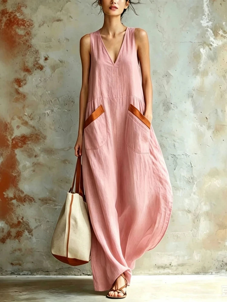 Women Boho Sleeveless Maxi Dress Deep V Neck Flowy Long Tank Dress Summer Casual A-line Loose Color Blocking Pockets Dresses