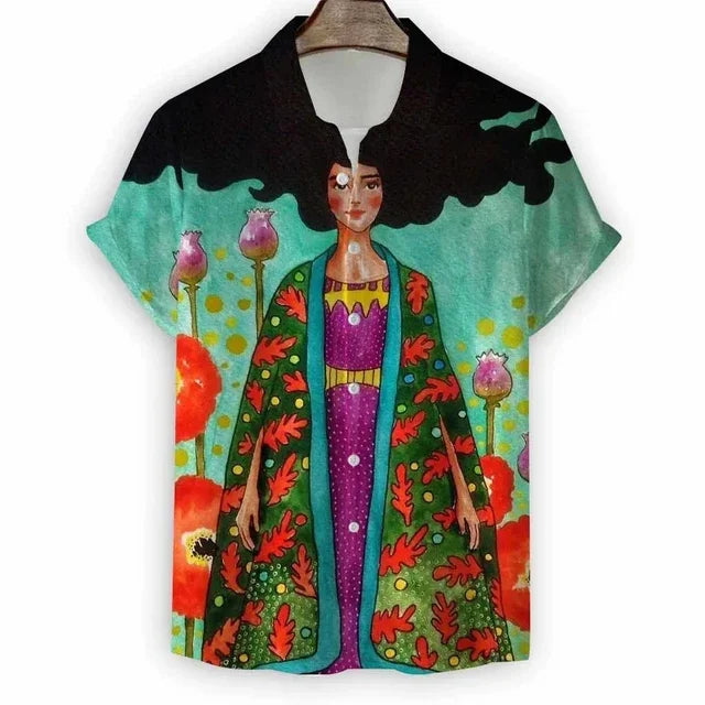 2024 New Beach Modern Girls Print Men's Shirt Casual Fashion Shirt Button Lapel Streetwear Oversized Men's Short Sleeve Shirt