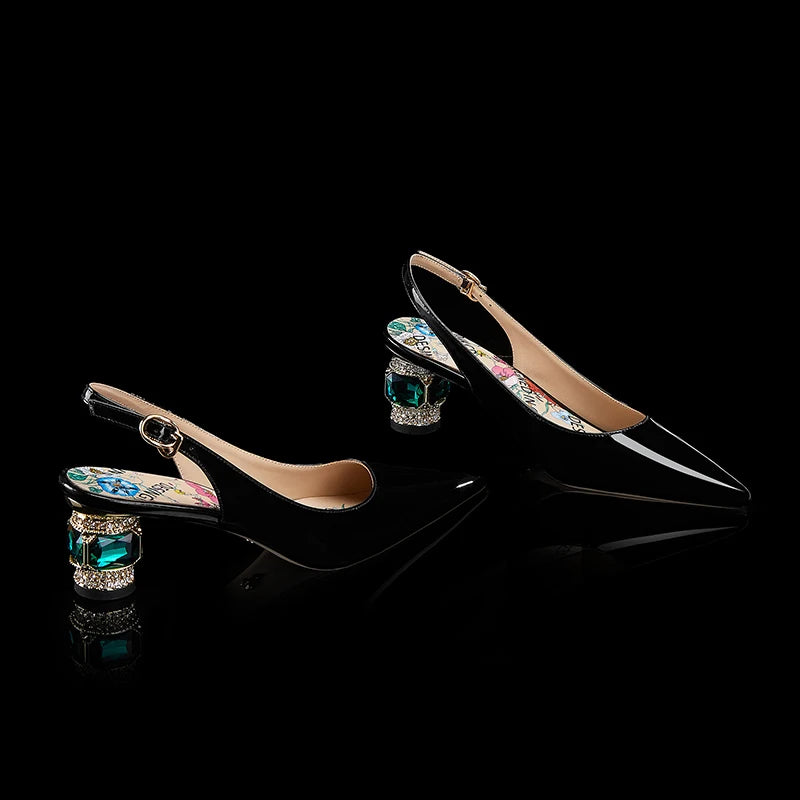 Dilalula 2025 Patent Cow Leather Crystal Heels Sandals Women Pointed Toe Office Ladies Party Dating Wedding Sandals Plus Size
