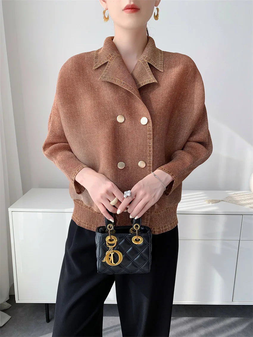 Miyake Women's Early‑Autumn Toothpick‑Texture Pleated Jacket, Relaxed‑Vibe Casual Outerwear, Slim‑Fitting Draping Commuter Top