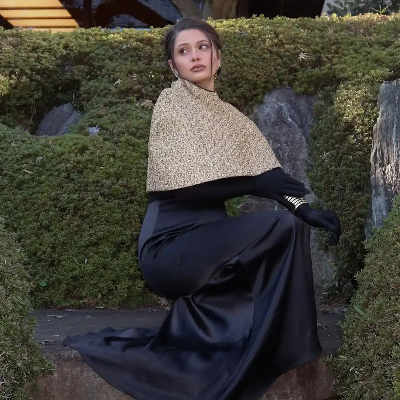 Elegant Chic Gold Sparkle Capelet Top Shiny Tweed Shoulder Wrap Turtleneck Short Cloak New Lady Evening Club Party Tops 2026