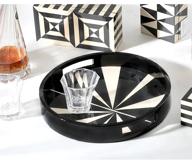 Elegant Glossy Piano Lacquer Home Decor Black White Stripes Jewelry Organizer Box Tray Display Stand Stylish Storage Decorative